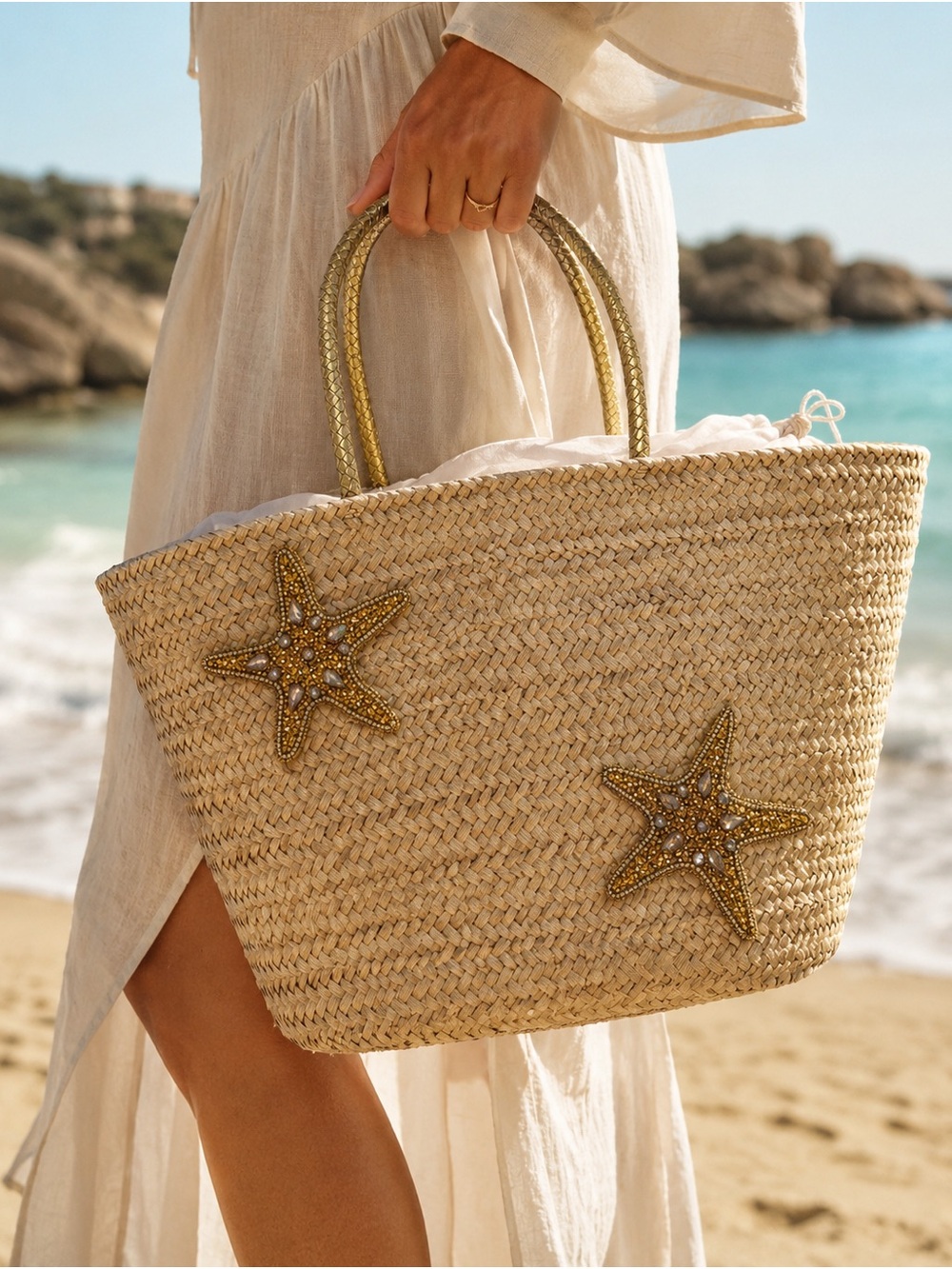 Beaded Starfish Straw Tote Bag in Natural with Gold Handles